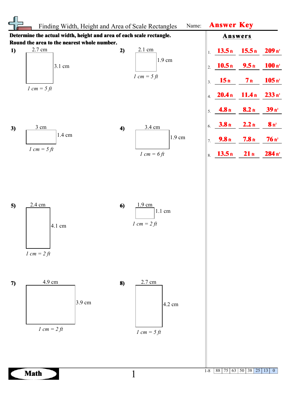Finding Width, Height and Area of Scale Rectangles Math Worksheets With Answers, Page 2
