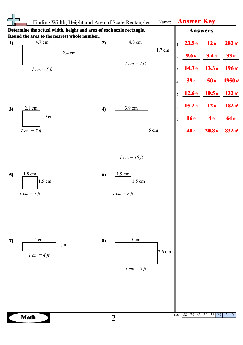 Finding Width, Height and Area of Scale Rectangles Math Worksheets With Answers, Page 4