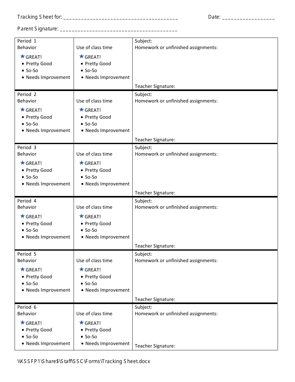 Grade Tracking Sheet Template, Page 1