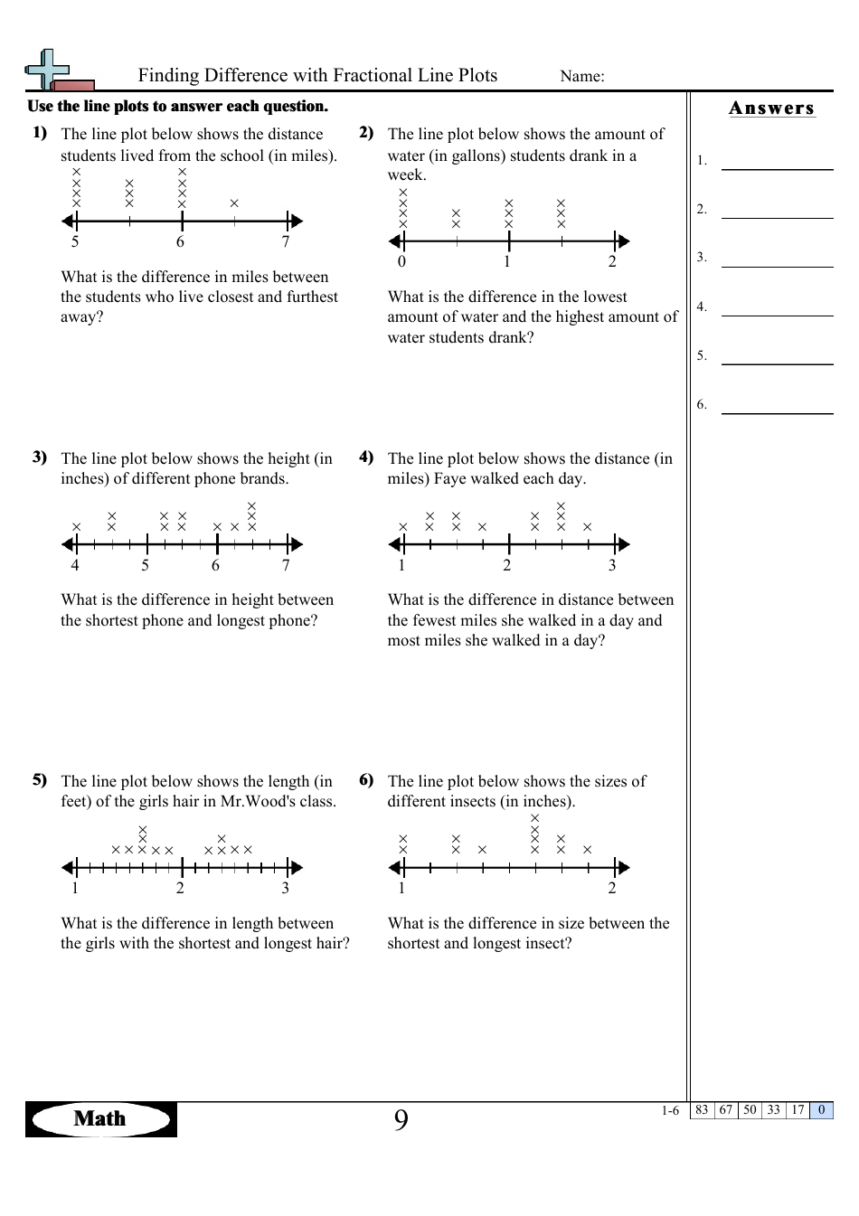 Finding difference with fractional line plots worksheets with answers