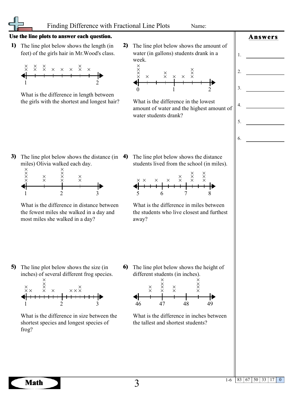 Finding Difference With Fractional Line Plots Worksheets With Answers, Page 5