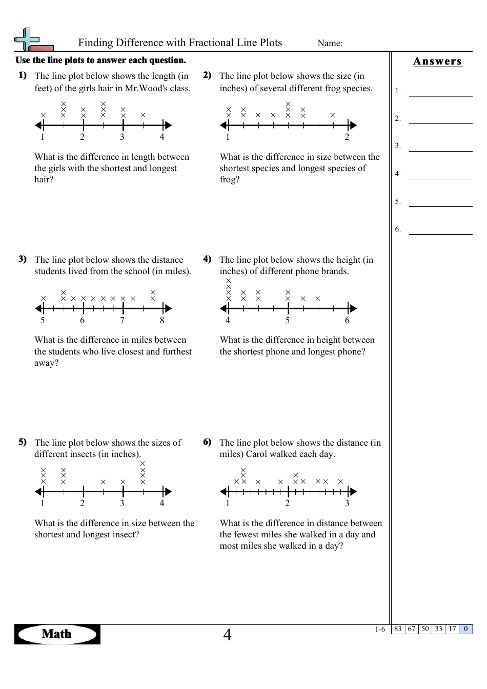 Finding Difference With Fractional Line Plots Worksheets With Answers, Page 7
