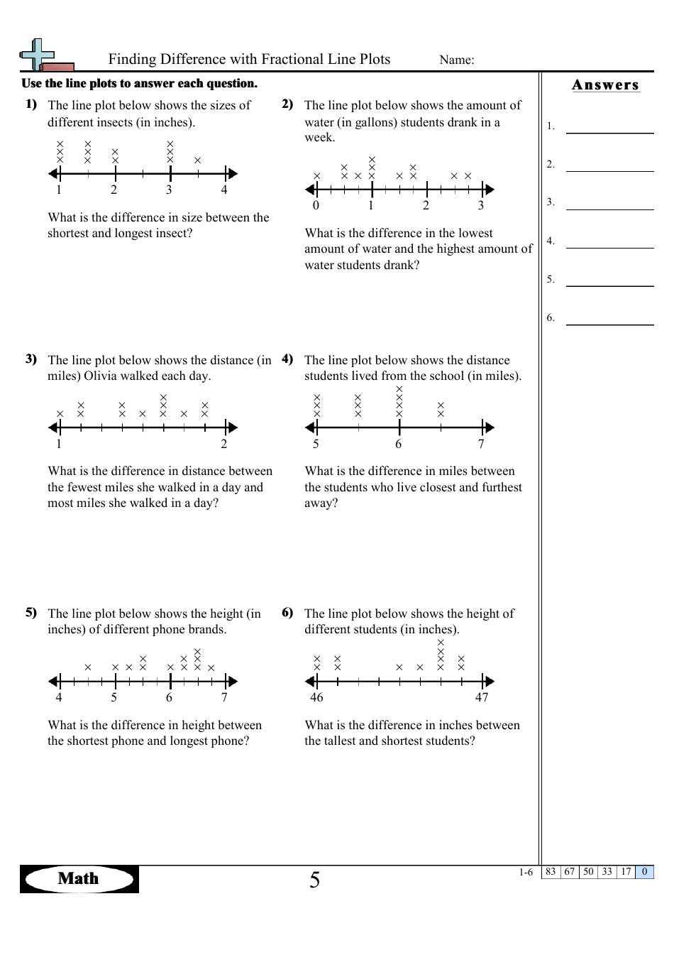 Finding Difference With Fractional Line Plots Worksheets With Answers ...