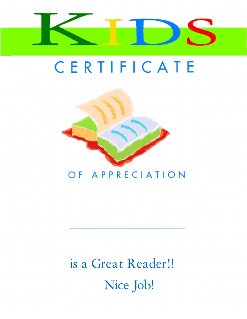 Great Reader Appreciation Certificate Template for Kids