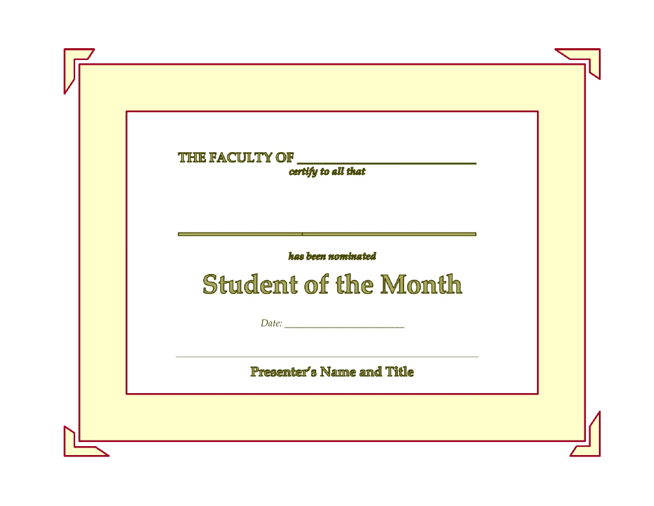 Student of the Month Certificate Template displayed with lines for easy note-taking.