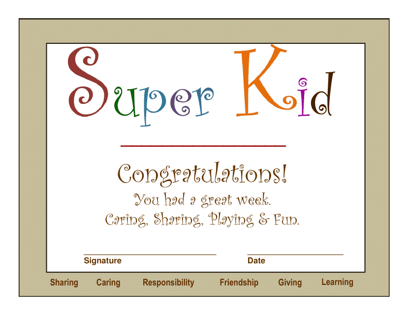 &quot;Super Kid Award Certificate Template&quot; Download Pdf