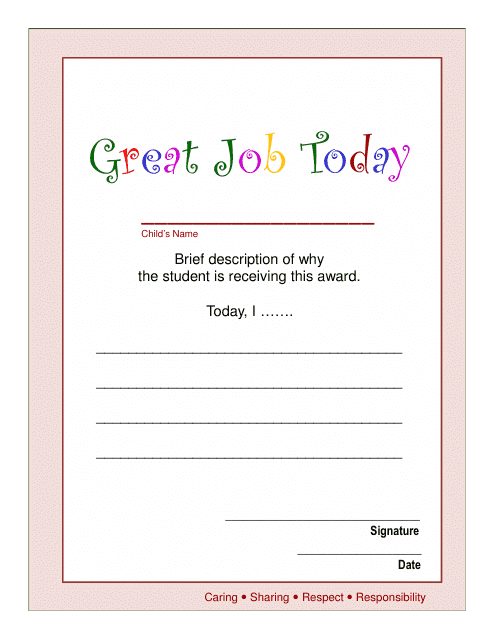 Great Job Today Award Certificate Template - Lined