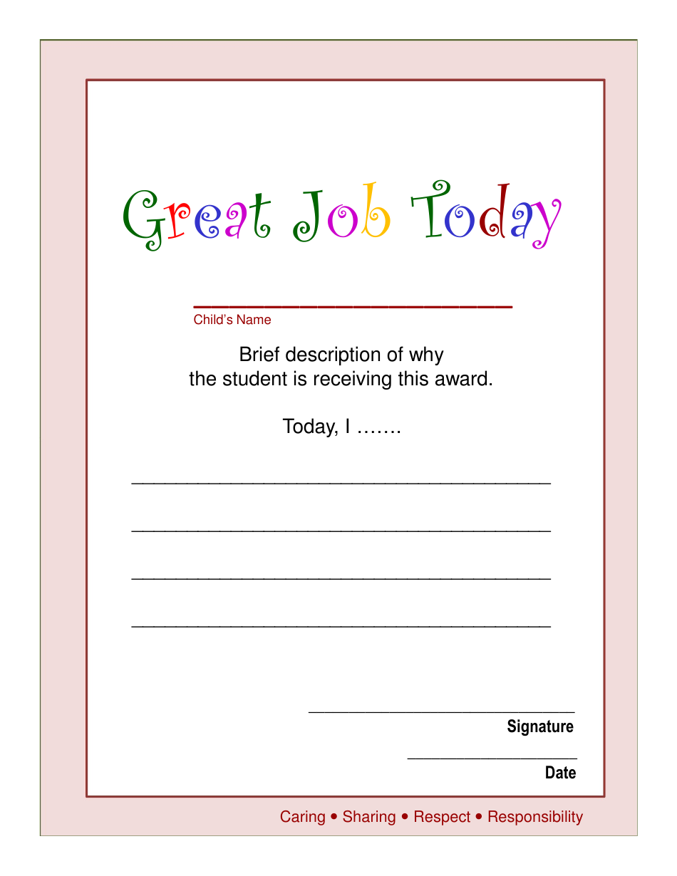 Great Job Today Award Certificate Template - Lined, Page 1