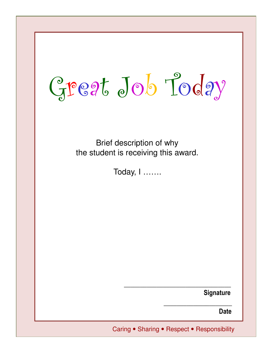 Great Job Today Award Certificate Template, Page 1