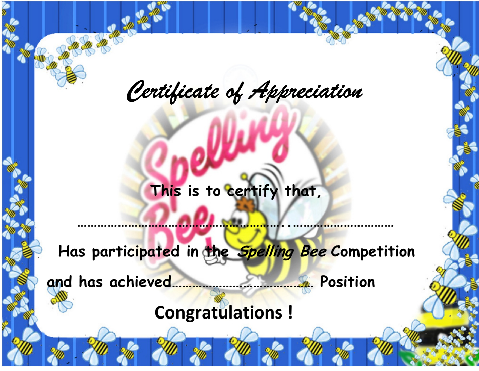 Spelling Bee competition appreciation certificate template