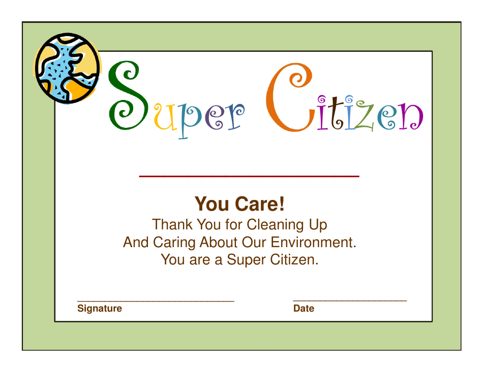 Super Citizen Award Certificate Template with Lined Background