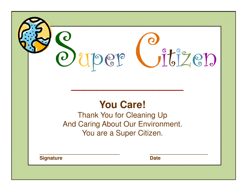 &quot;Super Citizen Award Certificate Template - Lined&quot; Download Pdf