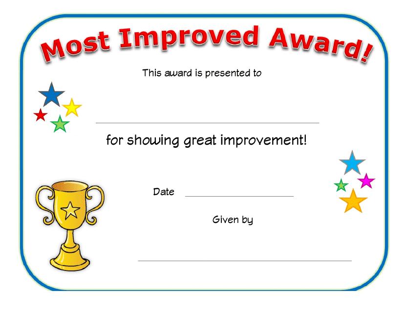 Most Improved Award Certificate Template - Stars