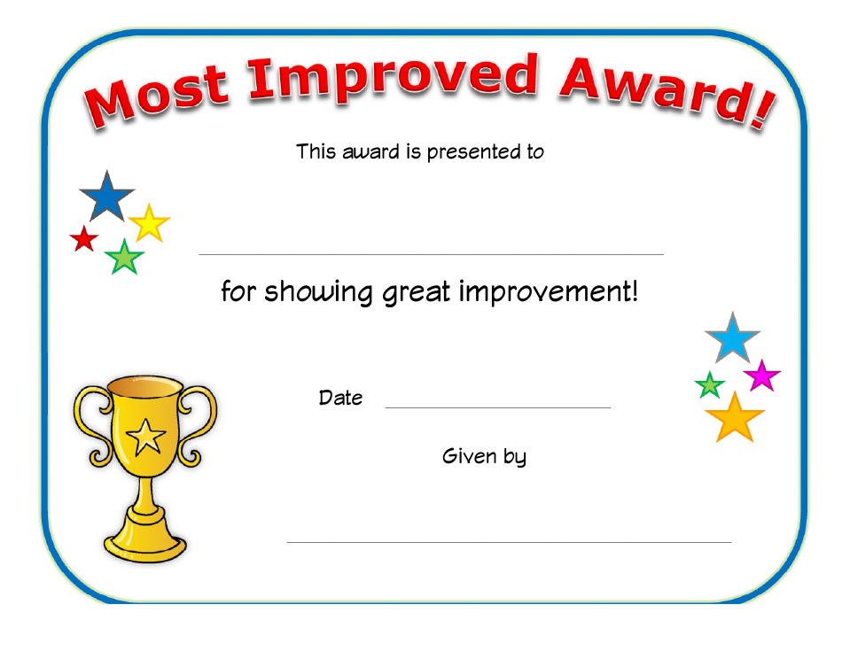 Most Improved Award Certificate Template, Page 1