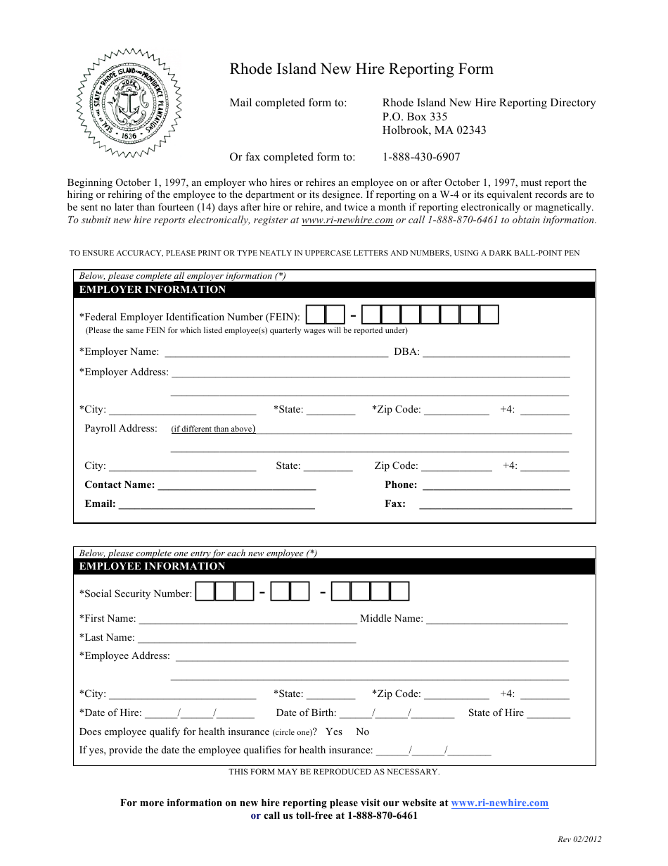 Rhode Island New Hire Reporting Form - Rhode Island, Page 1