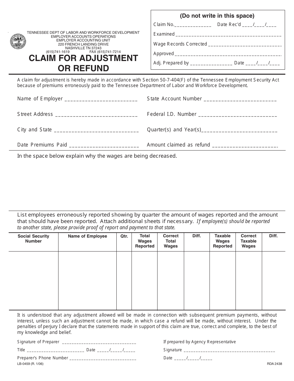 Form LB-0459 Claim for Adjustment or Refund - Tennessee, Page 1