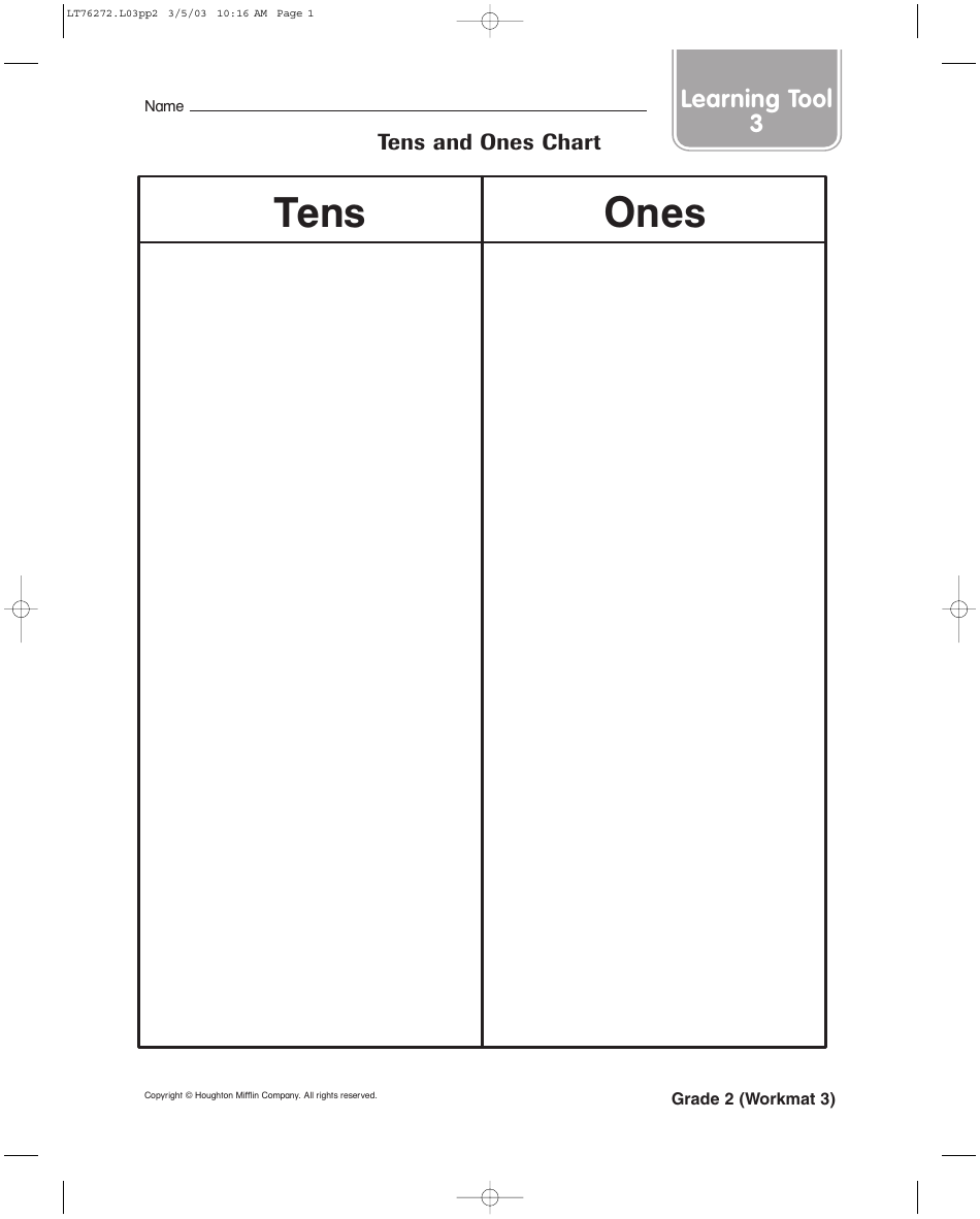 Tens and Ones Chart Template for 2nd grade, an essential learning tool for Houghton Mifflin Math curriculum in the United Kingdom