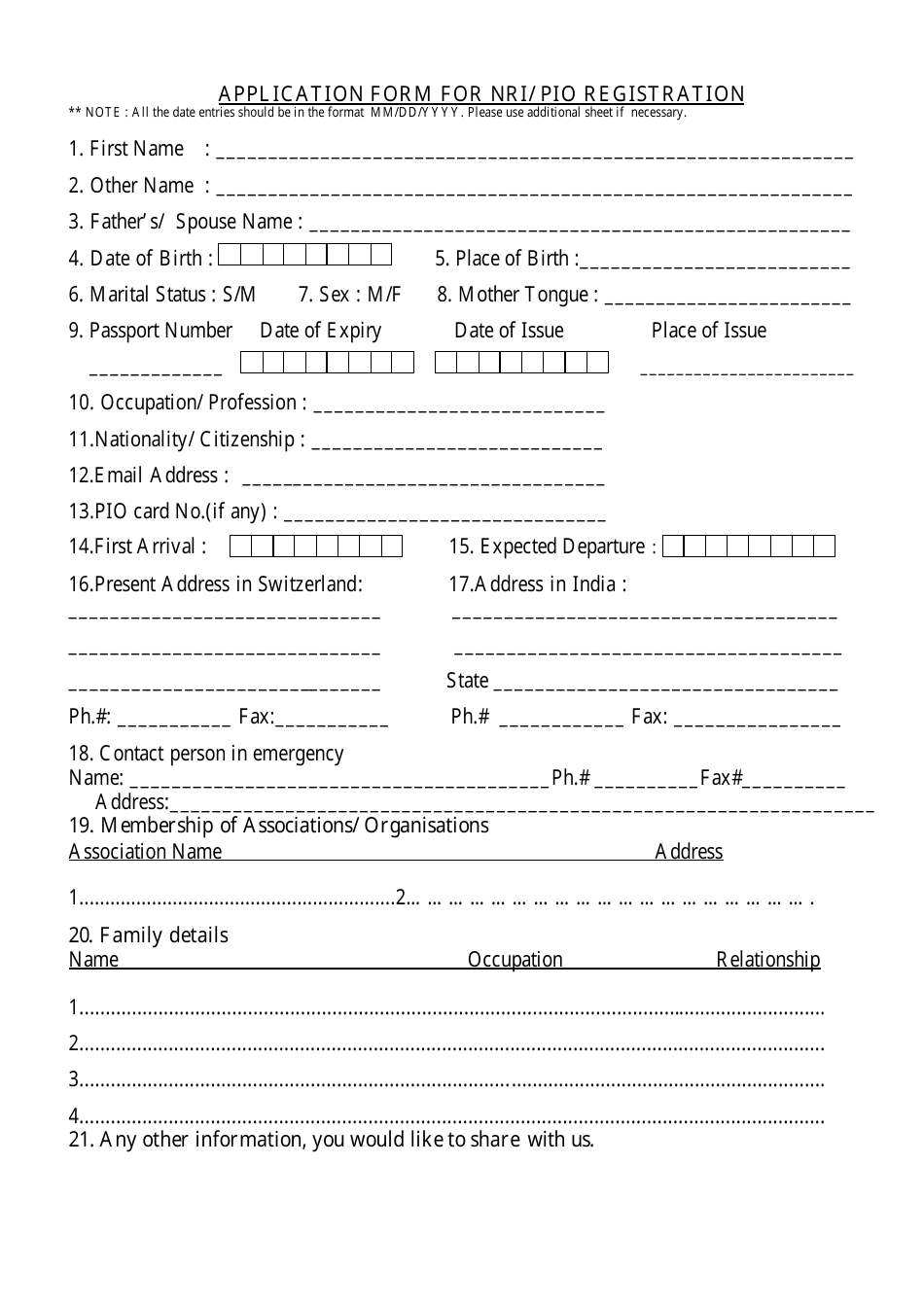 Application Form for Nri / Pio Registration - India, Page 1