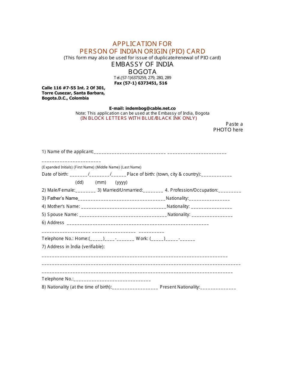 Application Form for Person of Indian Origin (Pio) Card - Bogota D.C., Colombia, Page 1