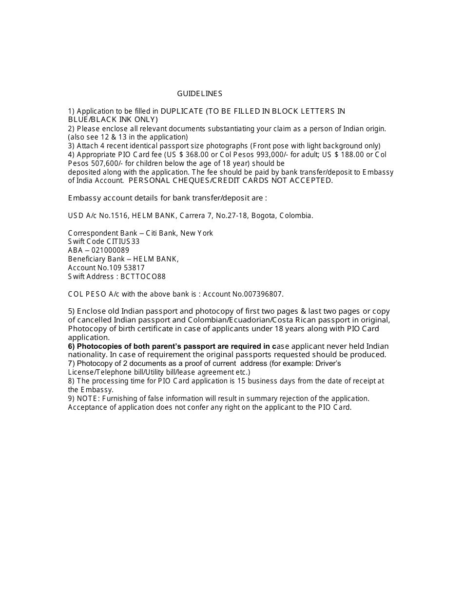 Application Form for Person of Indian Origin (Pio) Card - Bogota D.C., Colombia, Page 4