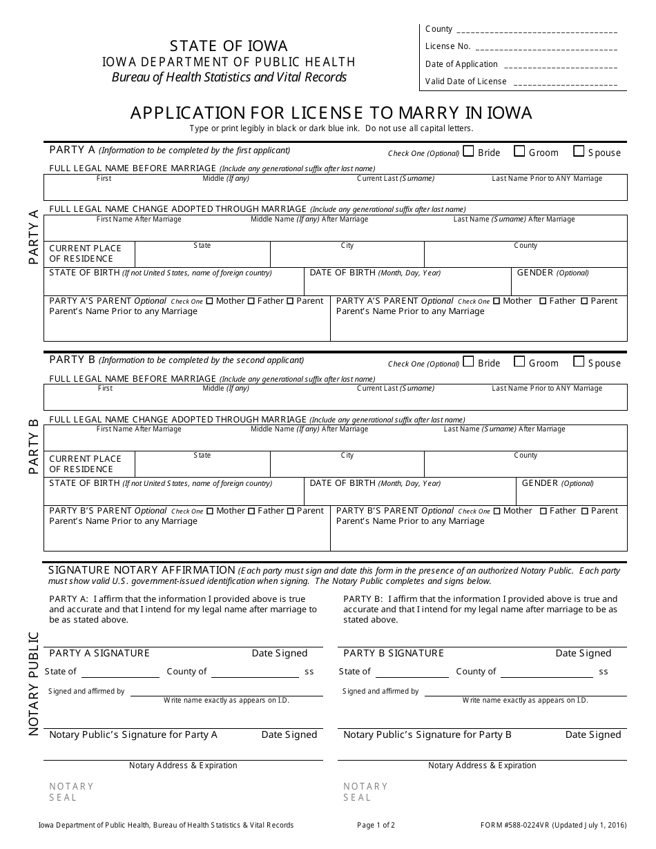Form 588-0224VR Application for License to Marry in Iowa - Iowa, Page 1