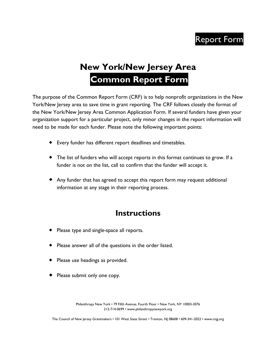 New York / New Jersey Area Common Report Form - New Jersey, Page 1