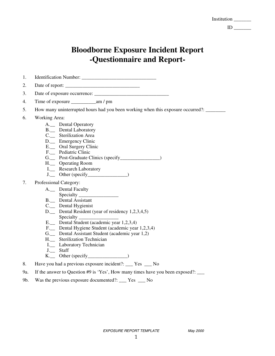 Bloodborne Exposure Incident Report Form Download Printable Pdf Images