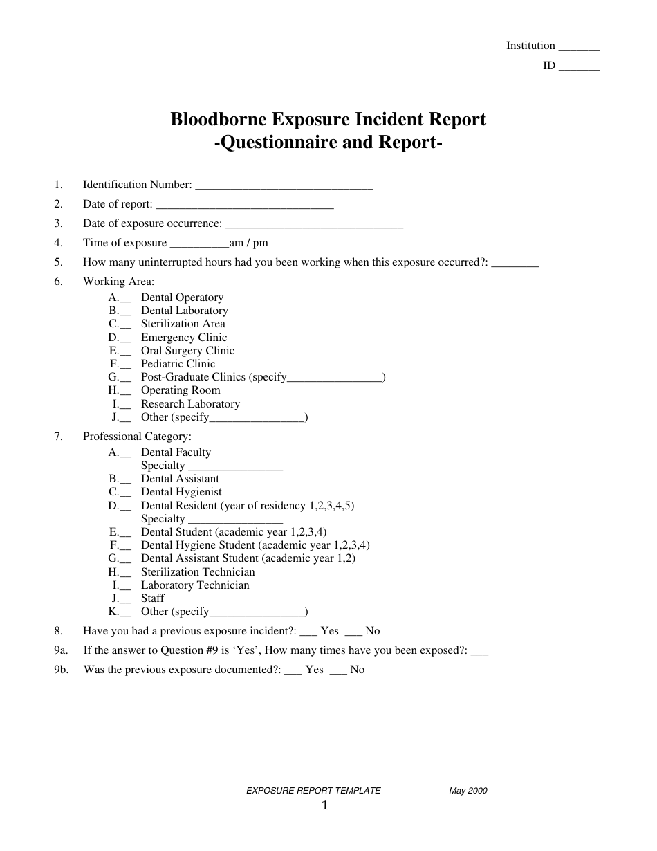 Bloodborne Exposure Incident Report Form, Page 1