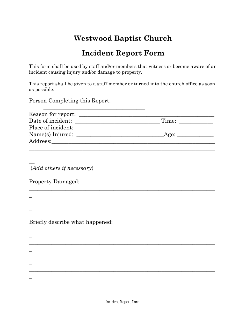 Incident Report Form - Westwood Baptist Church, Page 1