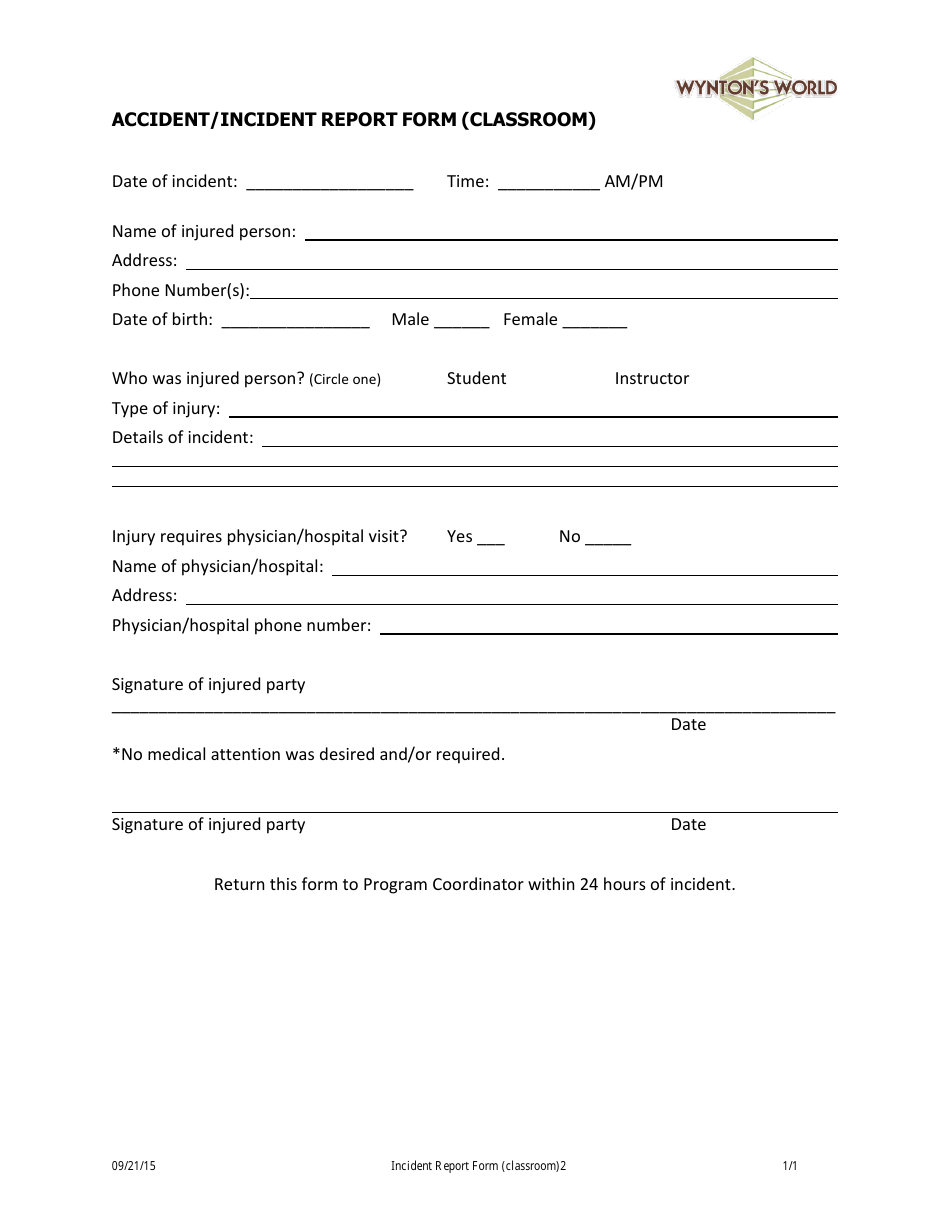Classroom Accident / Incident Report Form - Wyntons World, Page 1