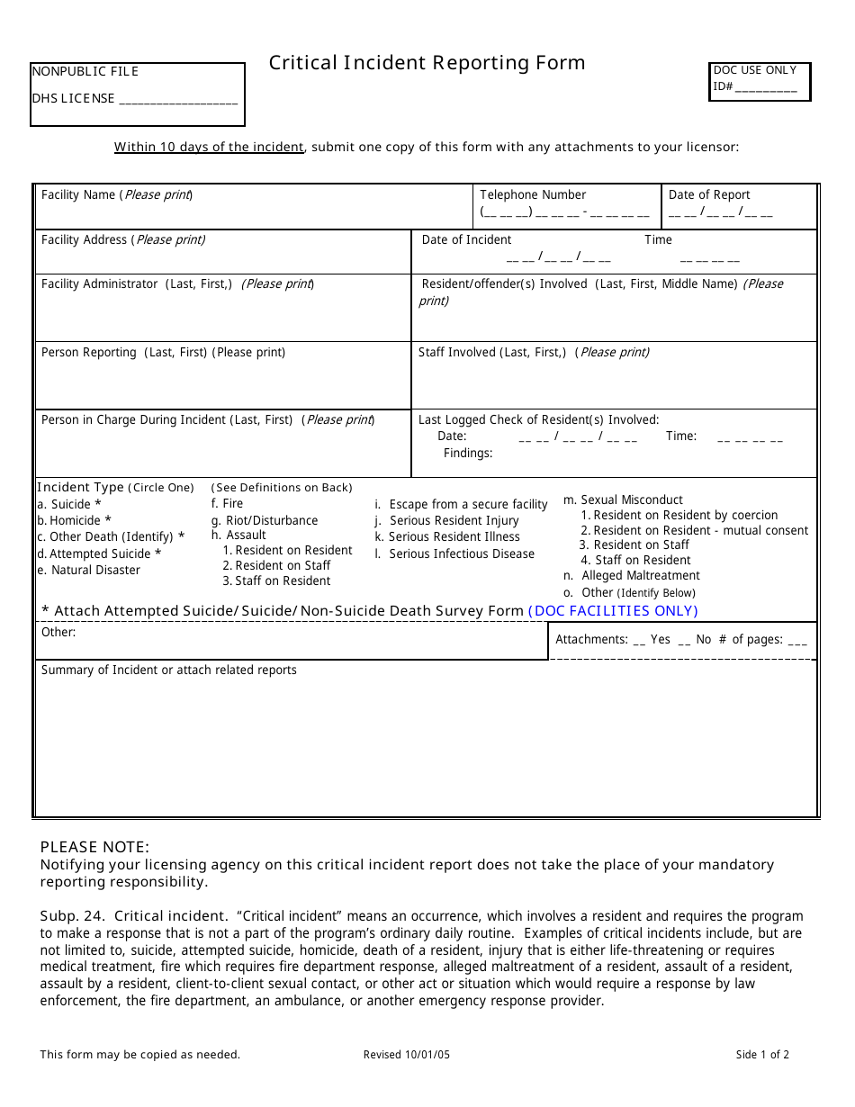 Critical Incident Reporting Form - Minnesota, Page 1