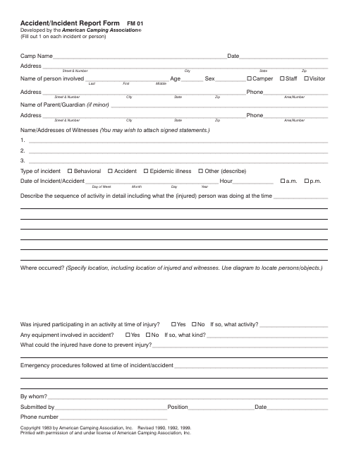 Accident Incident Report Form American Camping Association Fill Out 