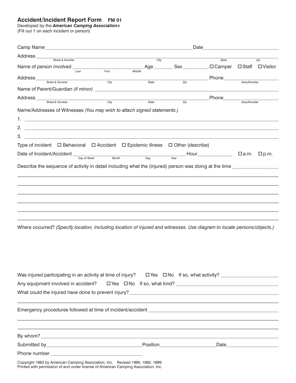 Accident/Incident Report Form - American Camping Association, Page 1