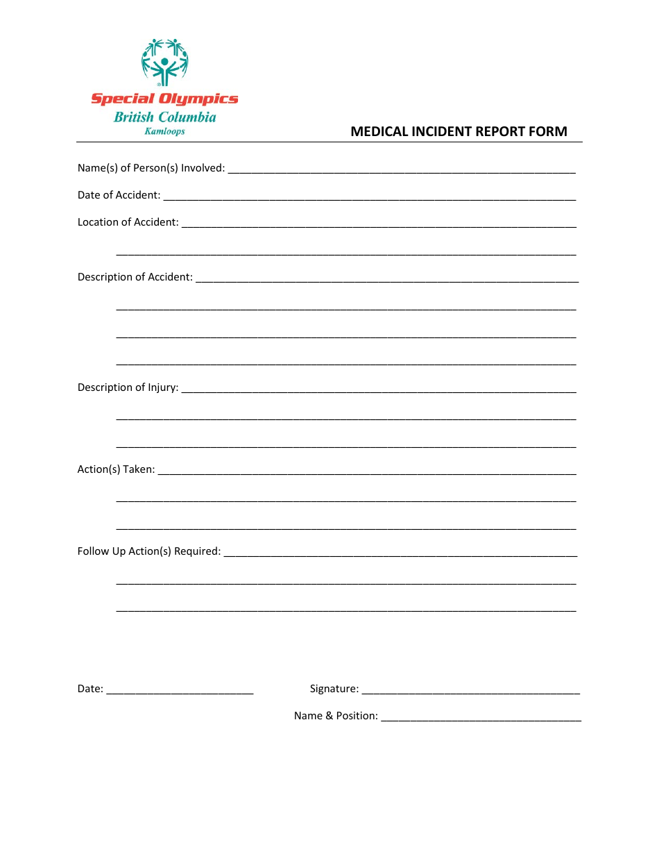 Medical Incident Report Form - Kamloops, Special Olympics British Columbia, Page 1