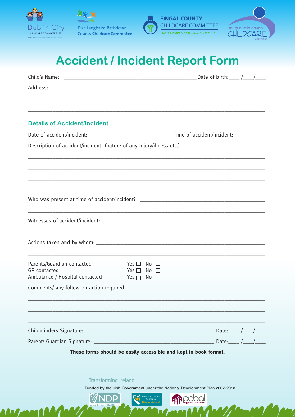Accident Incident Report Form - Childcare Committee - Dublin, Ireland, Page 1