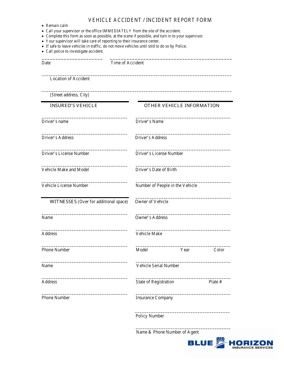 Vehicle Accident Incident Report Form - Blue Horizon Download In Car Damage Report Template