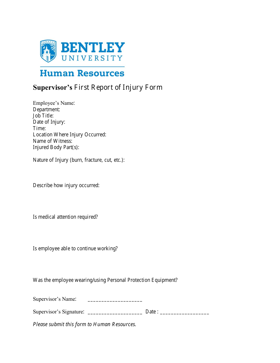 Supervisors First Report of Injury Form - Bentley University, Page 1