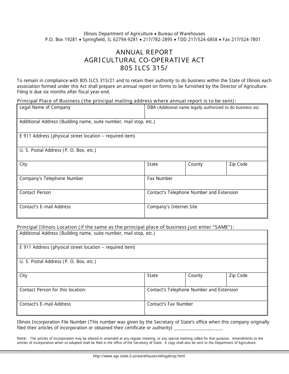Annual Report Form Agricultural Co-operative Act - Illinois, Page 1