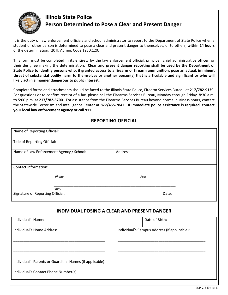 Form ISP2-649 Person Determined to Pose a Clear and Present Danger - Illinois, Page 1