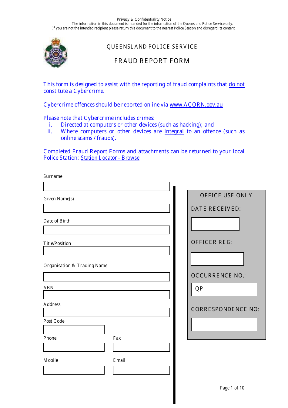 Fraud Report Form - Queensland, Australia, Page 1