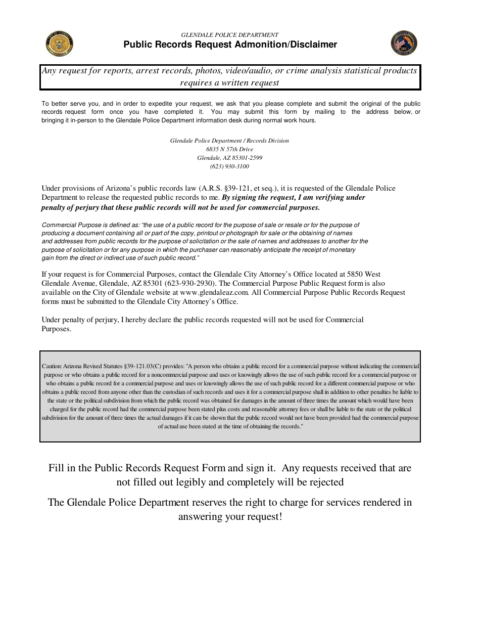 Public Records Request Admonition / Disclaimer Form - City of Glendale, Arizona, Page 1