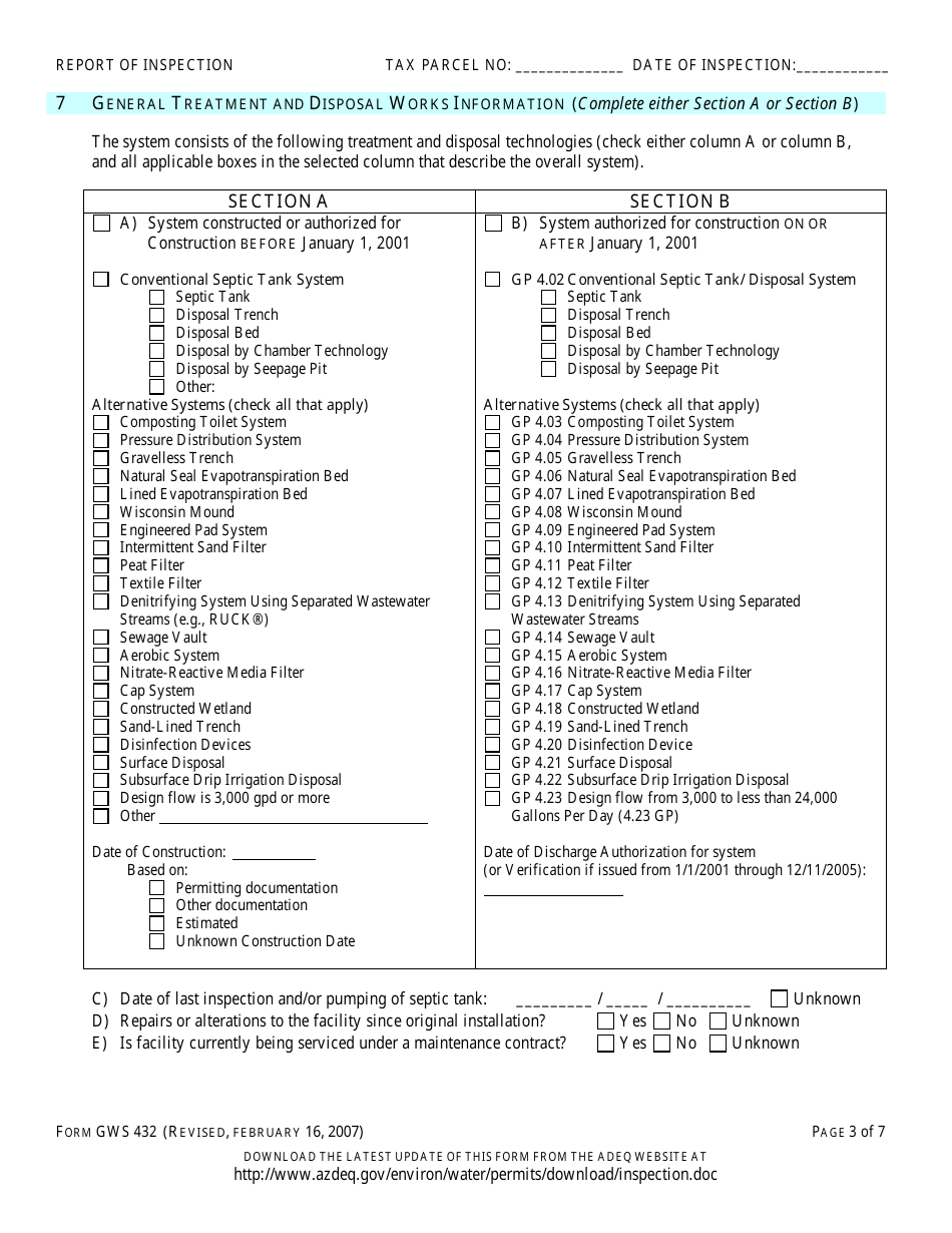 ADEQ Form GWS432 Report of Inspection of an on-Site Wastewater Treatment Facility - Arizona, Page 4