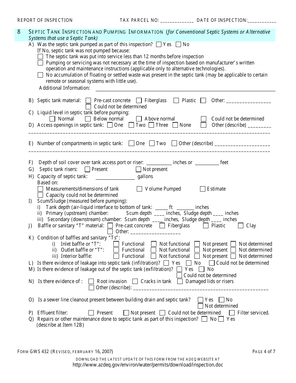 ADEQ Form GWS432 Report of Inspection of an on-Site Wastewater Treatment Facility - Arizona, Page 5
