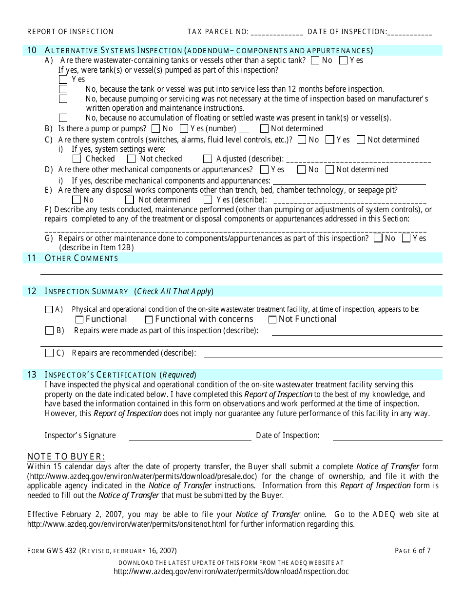 ADEQ Form GWS432 Report of Inspection of an on-Site Wastewater Treatment Facility - Arizona, Page 7