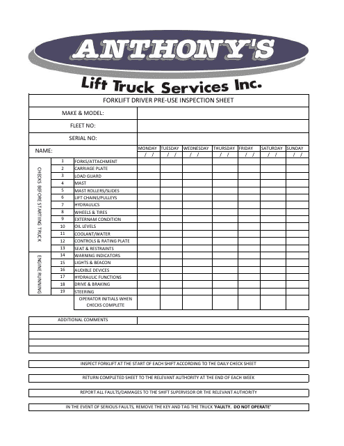 Forklift Driver Pre Use Inspection Sheet Anthony S Lift Truck Services Inc Download Printable Pdf Templateroller