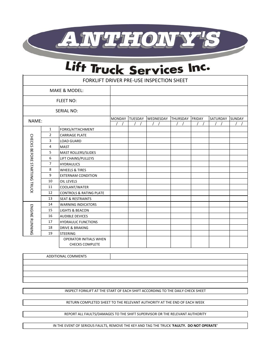 Printable Free Weekly Forklift Inspection Checklist Template