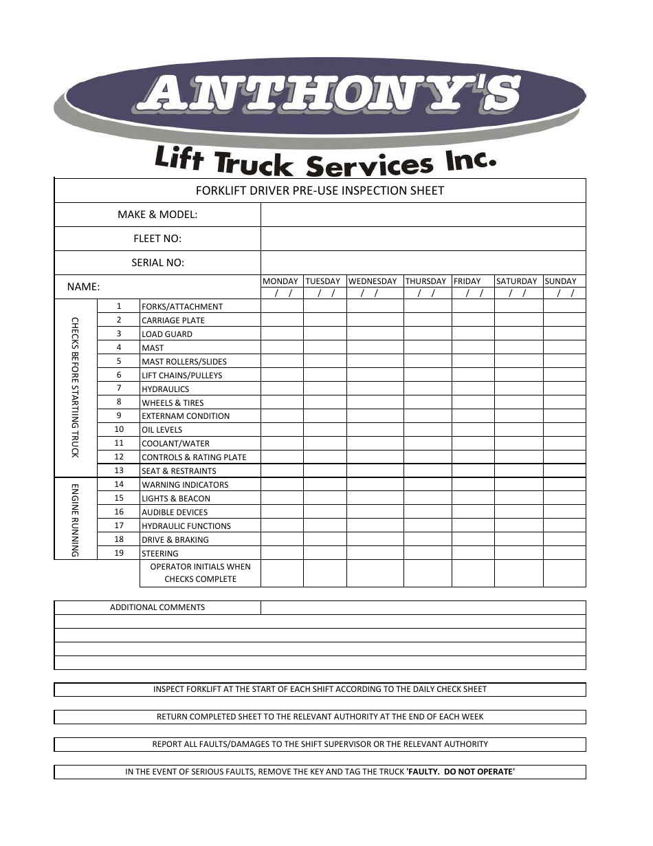 Forklift Driver Pre-use Inspection Sheet - Anthonys Lift Truck Services Inc., Page 1
