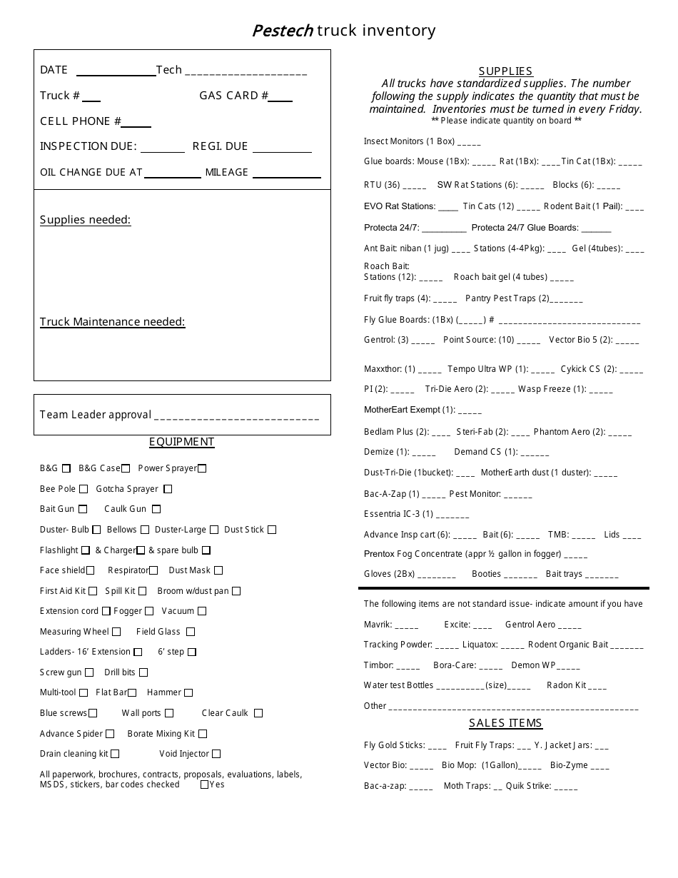 Truck Inventory Template - Pestech Download Fillable PDF | Templateroller