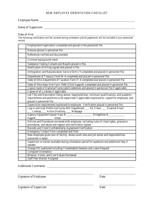 &quot;New Employee Orientation Checklist Template&quot; - Ohio Download Pdf