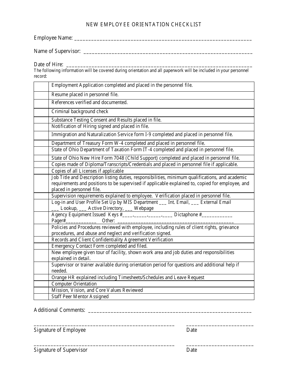 New Employee Orientation Checklist Template - Ohio, Page 1